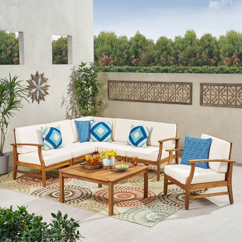Perla Outdoor 7-piece Acacia Wood Sofa Set with Cushion by Christopher Knight Home