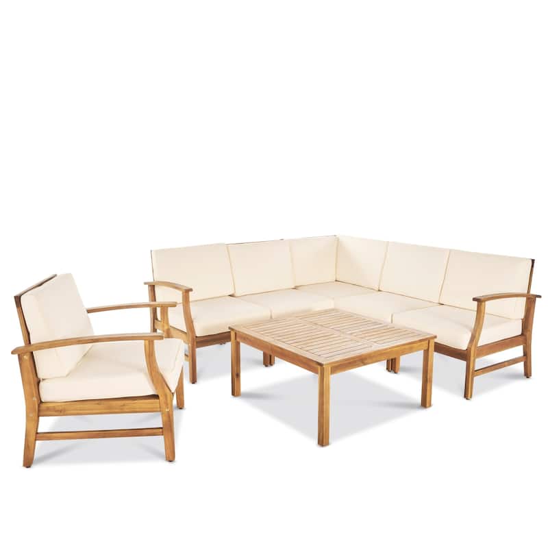 Perla Outdoor 7-piece Acacia Wood Sofa Set with Cushion by Christopher Knight Home - Cream