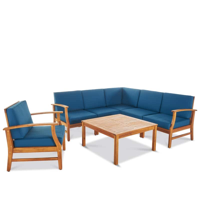 Perla Outdoor 7-piece Acacia Wood Sofa Set with Cushion by Christopher Knight Home - Blue