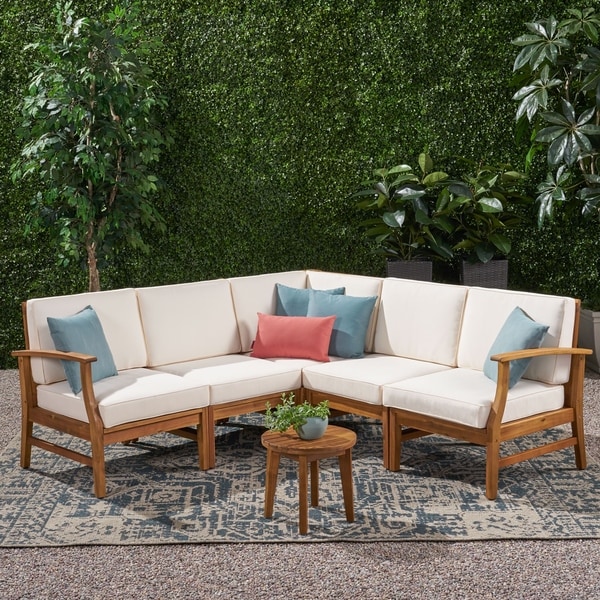 Perla Outdoor 5-piece Acacia Wood Chat Set with Cushion by Christopher Knight Home. Opens flyout.