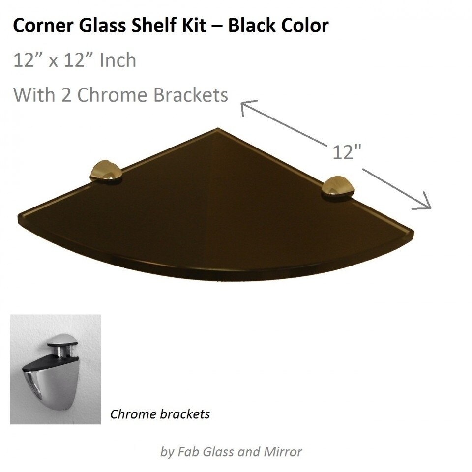 Floating Corner Glass Shelf 12x12 Inch with Chrome Brackets Black N/A