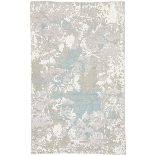 Alzira Grey White Floral Wool Blend Hand Knotted Area Rug Overstock 18193148 Grey White 5 X 8