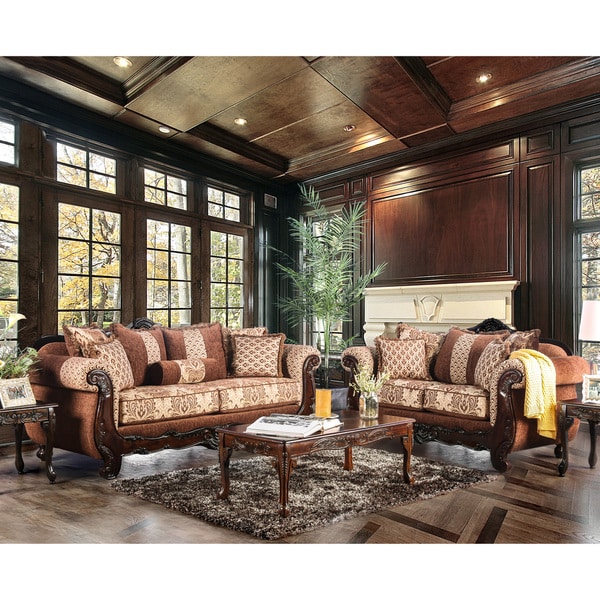 Furniture Of America Leticia Traditional 2 Piece Brown Damask Furniture Of America Leticia Traditional 2 Piece Brown Damask Sofa Set