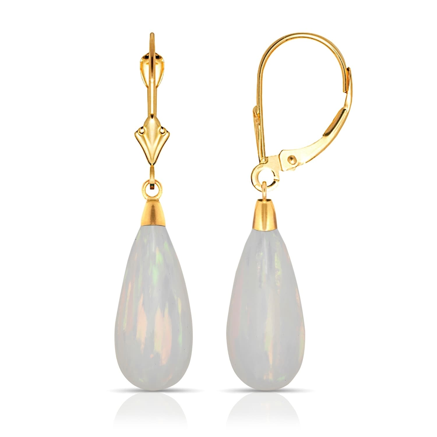 1.1" 14K Yellow Gold Tear Drop Shaped White Fire Opal Lever back Dangle Earrings 