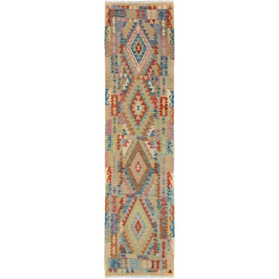 Hand-Woven Kilim Arya Dewayne Tan/Blue Wool Rug (2'9 x 10'0) - 2 ft. 9 in. x 10 ft. 0 in.
