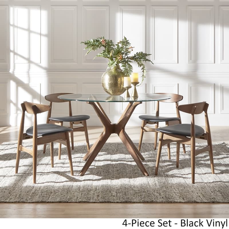 Nadine Dark Walnut Finish Glass Table Top Round Dining Set - Curved Back Chairs by iNSPIRE Q Modern - 7 Piece - Black