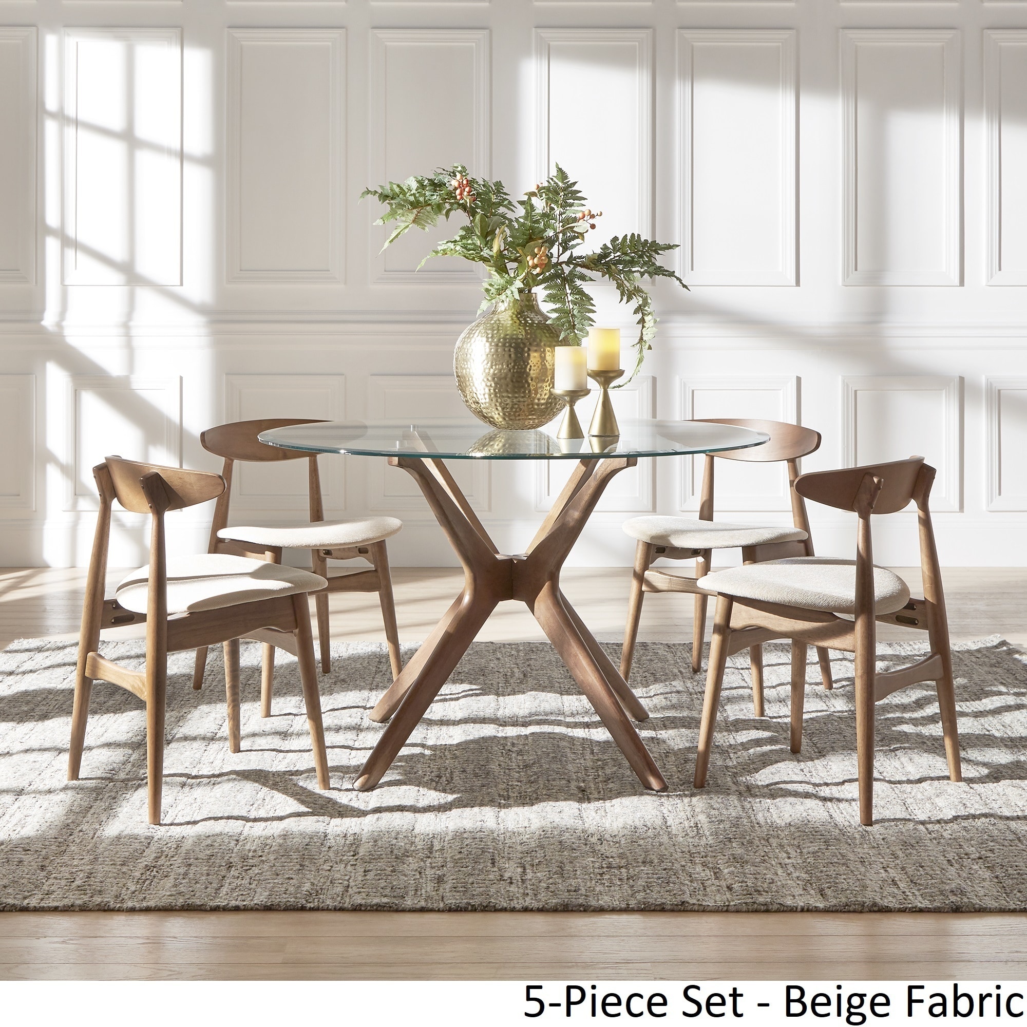 Nadine Dark Walnut Finish Glass Table Top Round Dining Set - Curved Back Chairs by Inspire Q Modern - 5 Piece - Beige