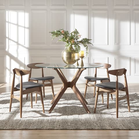 Nadine Walnut Finish Glass Table Top Round Dining Set - Curved Back Chairs by iNSPIRE Q Modern