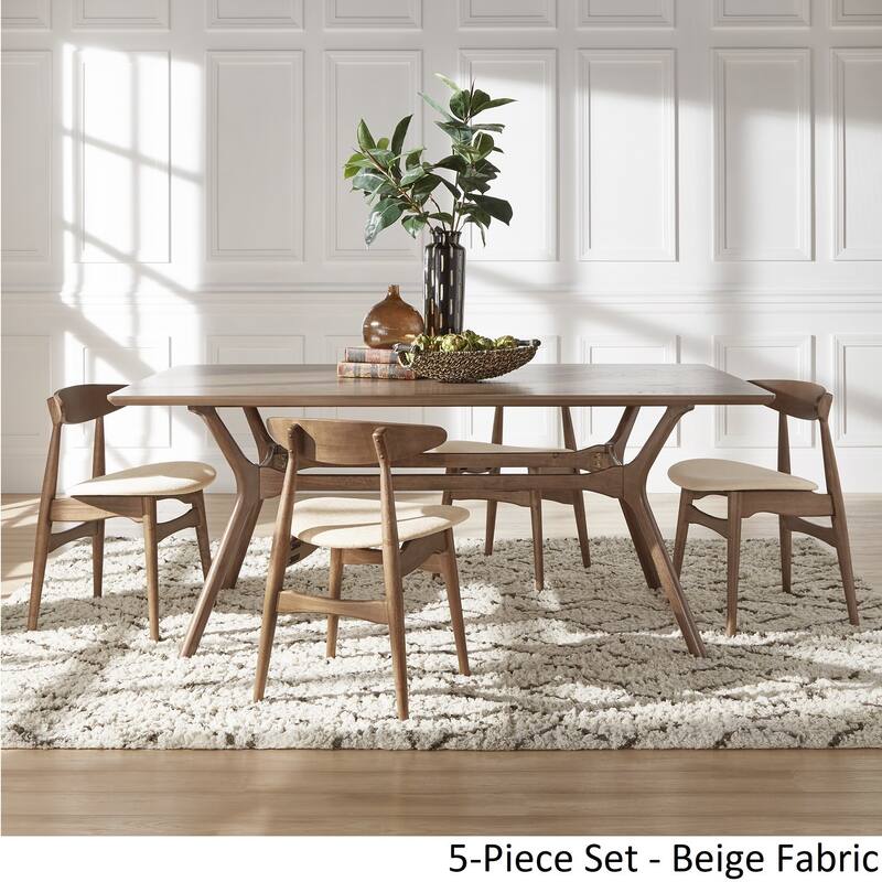 Nadine Dark Walnut Finish Rectangular Dining Set - Curved Back Chairs by iNSPIRE Q Modern - 4 Beige Fabric Chairs