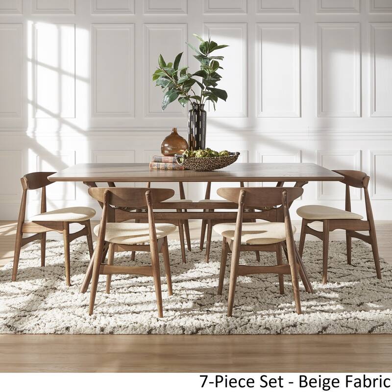 Nadine Dark Walnut Finish Rectangular Dining Set - Curved Back Chairs by iNSPIRE Q Modern - 6 Beige Fabric Chairs