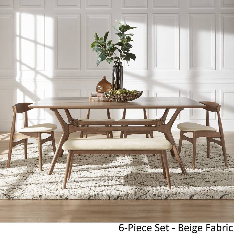 Nadine Dark Walnut Finish Rectangular Dining Set - Curved Back Chairs by iNSPIRE Q Modern - 4 Beige Fabric Chair and 1 Bench