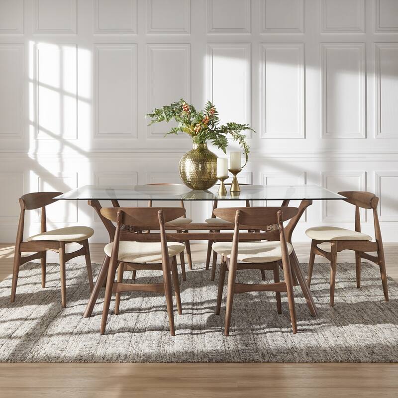 Nadine Dark Walnut Finish Glass Table Top Rectangular Dining Set - Curved Back Chairs by iNSPIRE Q Modern