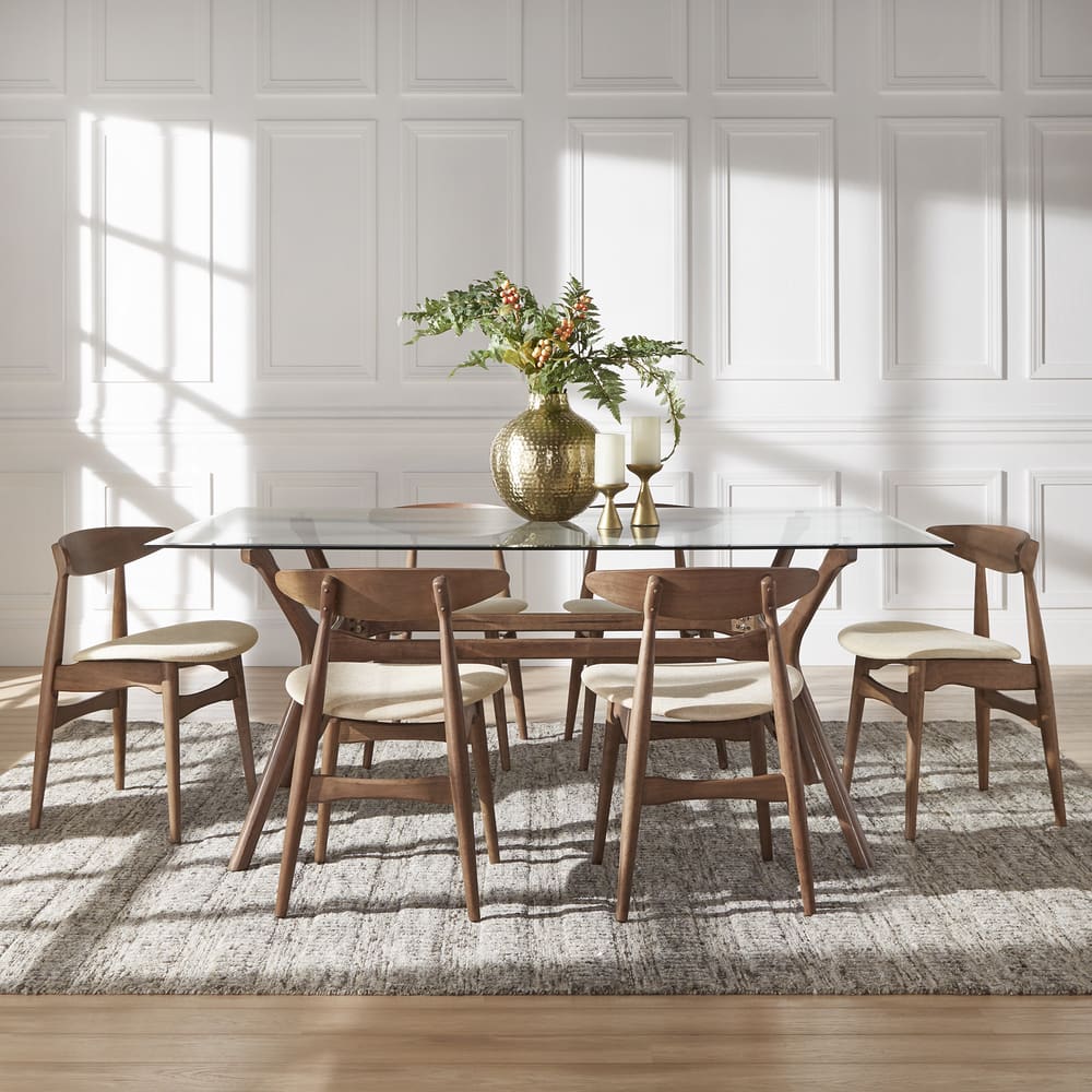 Nadine Dark Walnut Finish Glass Table Top Rectangular Dining Set - Curved Back Chairs by iNSPIRE Q Modern