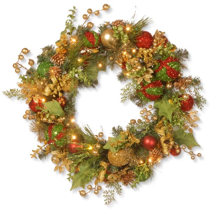 30" Decorated Christmas Wreath with Battery Operated LED Lights