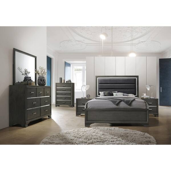 5 Piece Queen Size Bedroom Set, Modern Bedroom Furniture Sets with Queen  Bed Frame, Nightstand, Chest, Dresser and Mirror