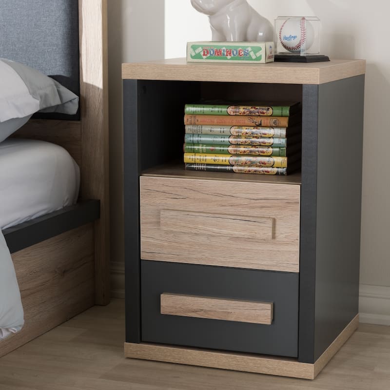 Contemporary Dark Grey and Light Brown Two-Tone 2-Drawer Nightstand by Baxton Studio