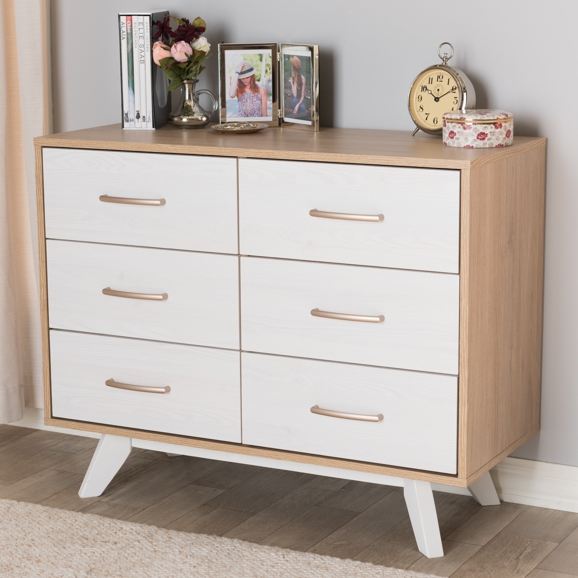 Shop Mid Century White And Oak 6 Drawer Dresser On Sale