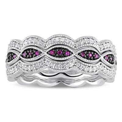 Miadora Sterling Silver with Black Rhodium Plating Created Ruby Created White Sapphire Infinity Stac - Red
