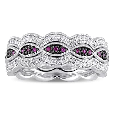 Miadora Sterling Silver with Black Rhodium Plating Created Ruby Created White Sapphire Infinity Stac - Red