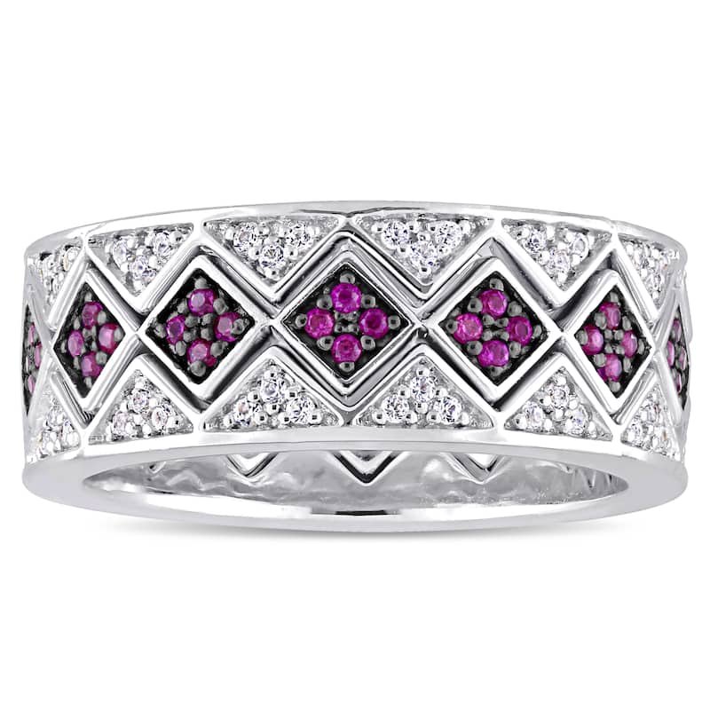 Miadora Sterling Silver with Black Rhodium Plating Created Ruby Created White Sapphire Geometric Sta - Red