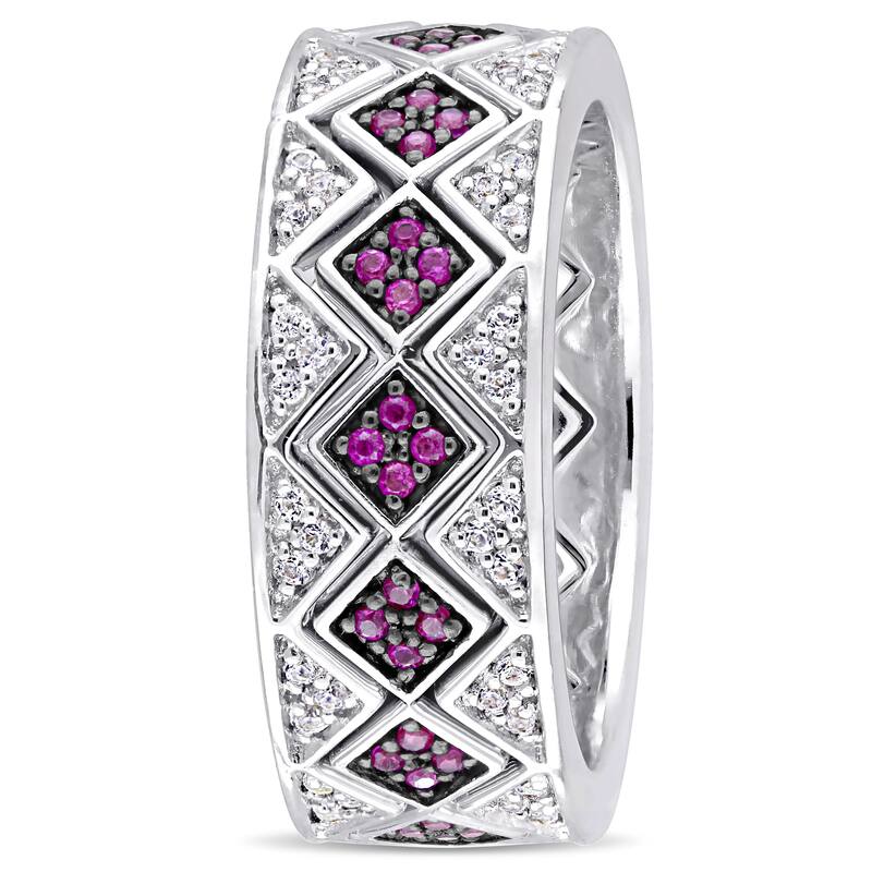 Miadora Sterling Silver with Black Rhodium Plating Created Ruby Created White Sapphire Geometric Sta - Red