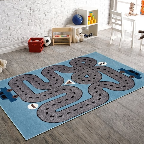 LR Home Whimsical Racing Roadways Kids Rug