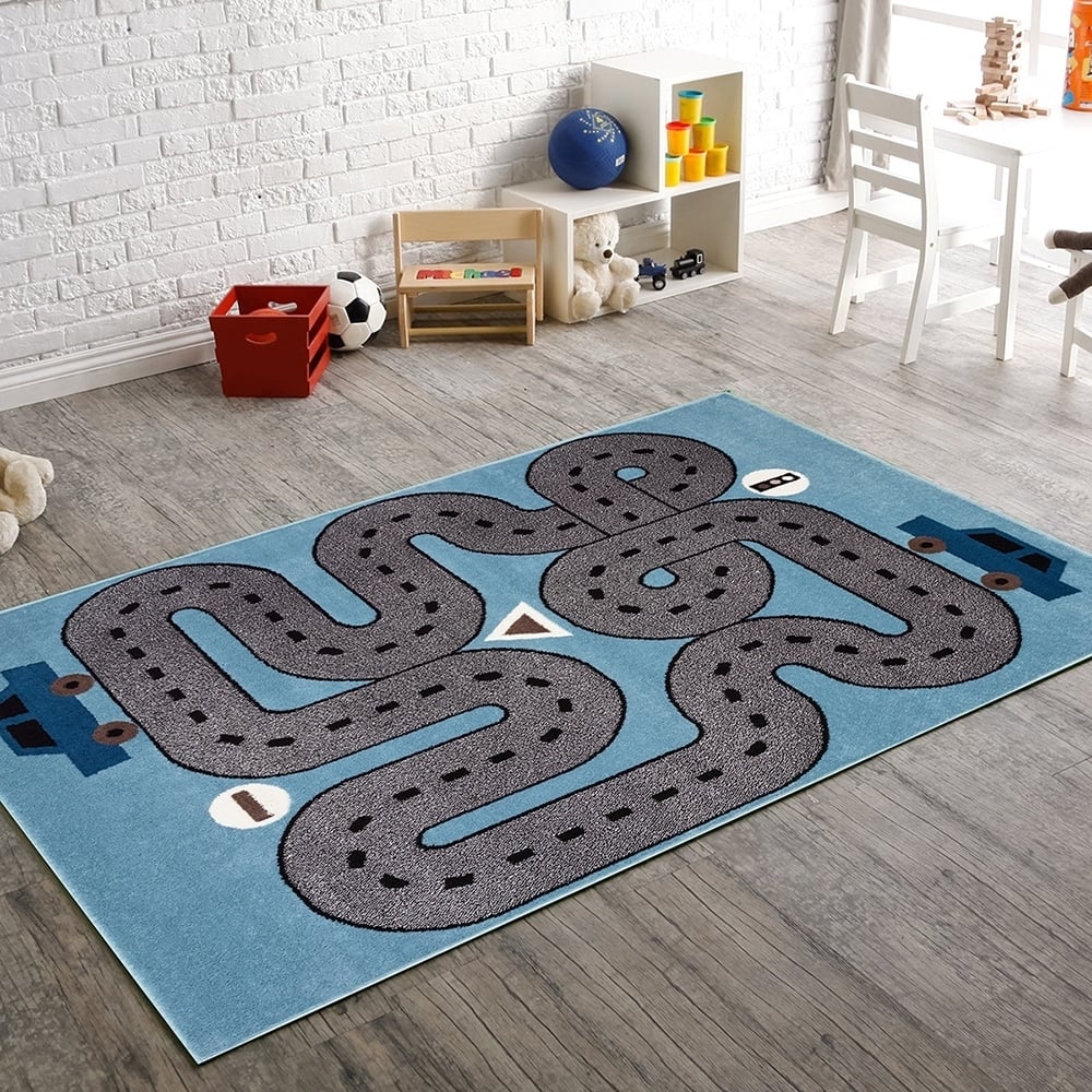 Sevita Blue/Gray Racing Roadways Kids Rug