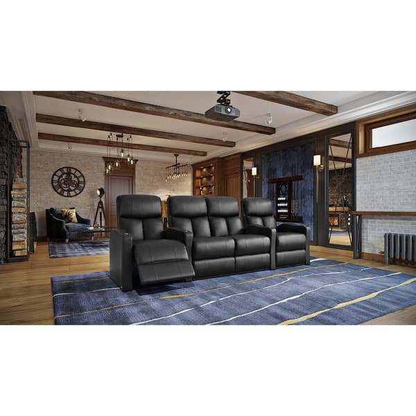 /& Black Swivel Tray Table Seating Bolt XS400 Leather Home Theater Recliner Set Row of 4