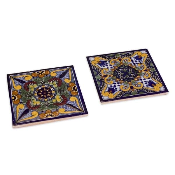 Moroccan Midnight Handpainted Talavera Tile Trivets (Set of 2) Bed