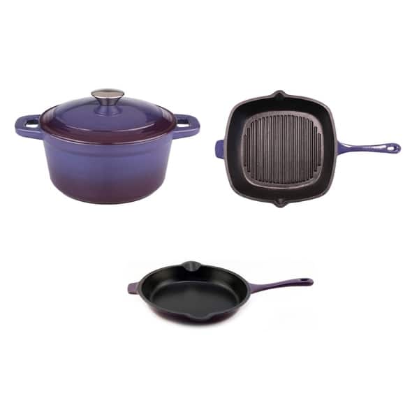 slide 1 of 1, Neo Cast Iron 3pc Set, G/P, F/P & 3Qt Dutch Oven, Purple