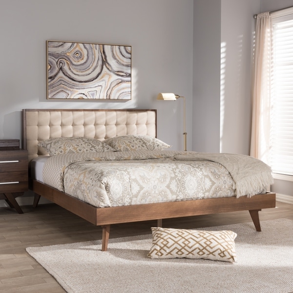 Mid Century Beige Fabric Platform Bed by Baxton Studio On Sale