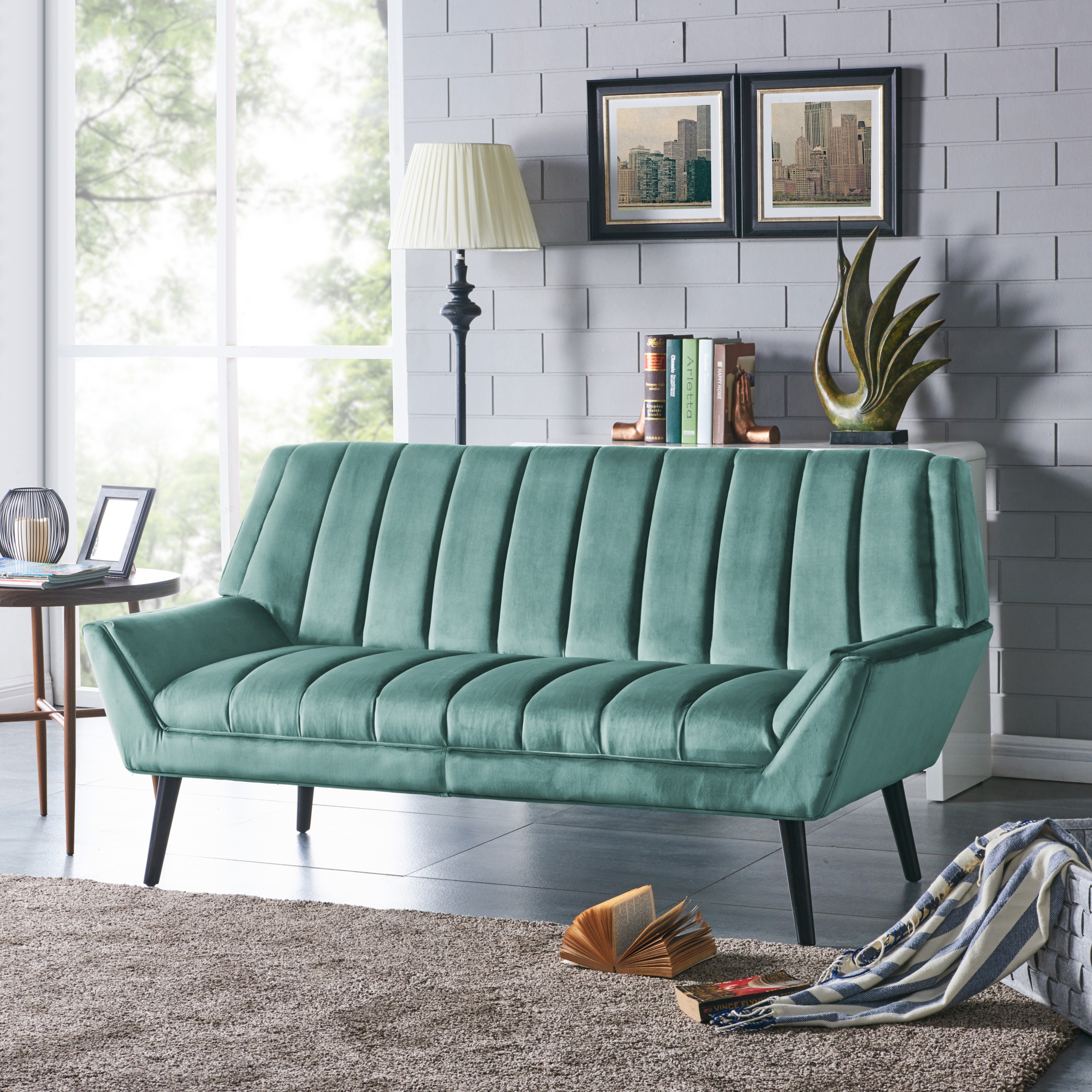 Shop Handy Living Houston Mid-Century Modern Turquoise Blue Velvet Sofa