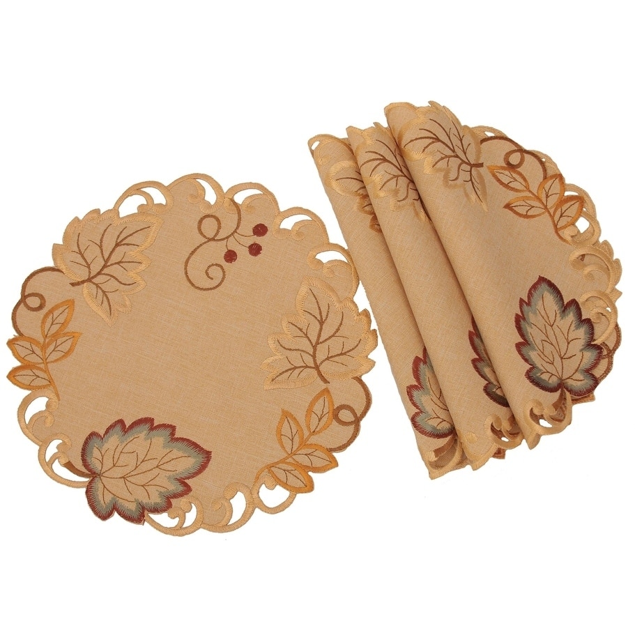 Harvest Verdure Embroidered Cutwork Fall Doilies, 12-Inch Round, Set of 4