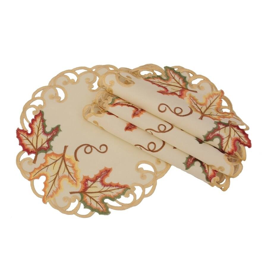 Moisson Leaf Embroidered Cutwork Fall Doilies, 12-Inch Round ,Set of 4