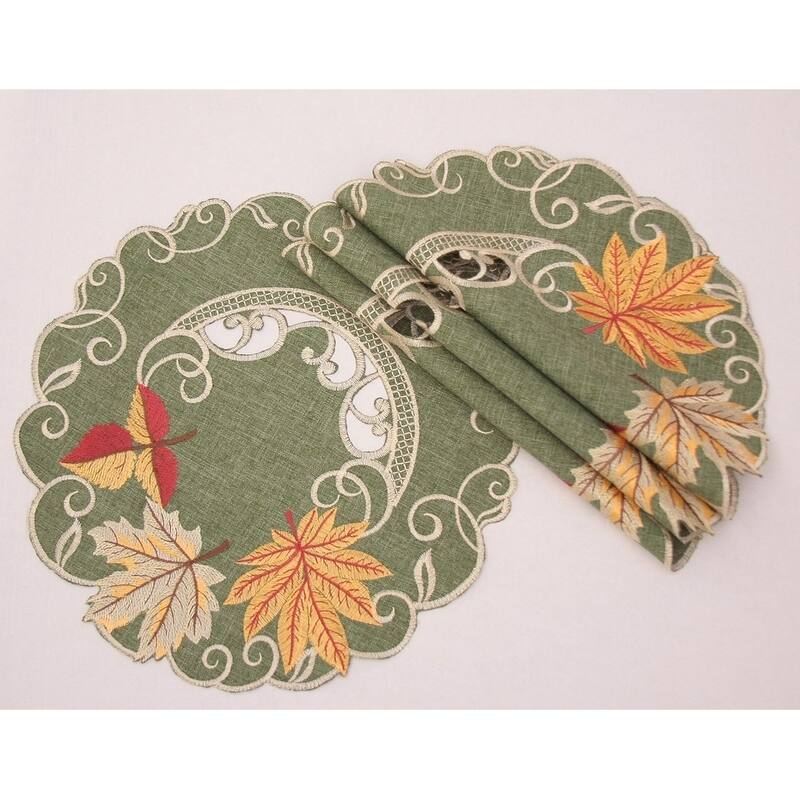 Delicate Leaves Embroidered Cutwork Fall Doilies, 12-Inch Round, Set of 4