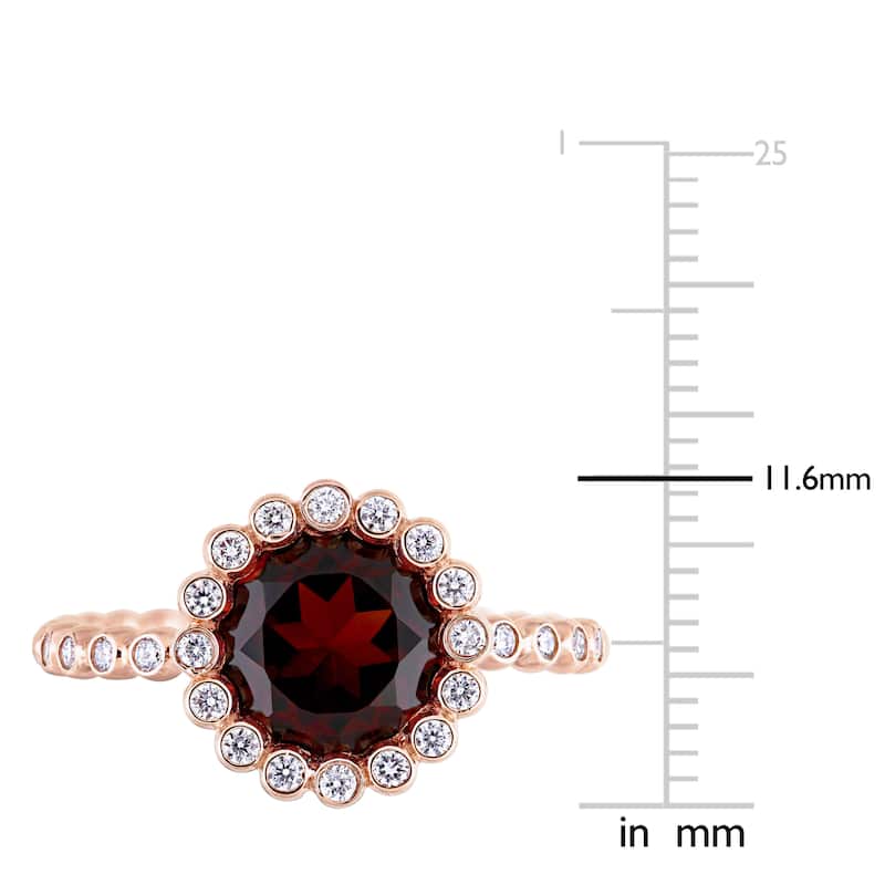 Miadora Signature Collection 14k Rose Gold Garnet and 1/4ct TDW Diamond Beaded Halo Solitaire Engagement Ring - Red