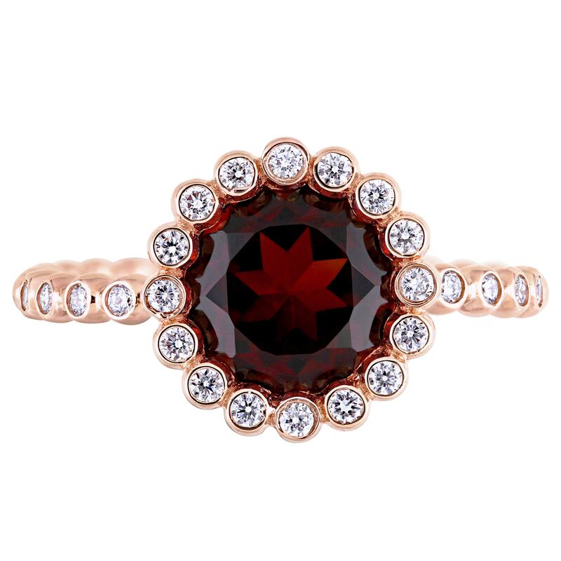 Miadora Signature Collection 14k Rose Gold Garnet and 1/4ct TDW Diamond Beaded Halo Solitaire Engagement Ring - Red