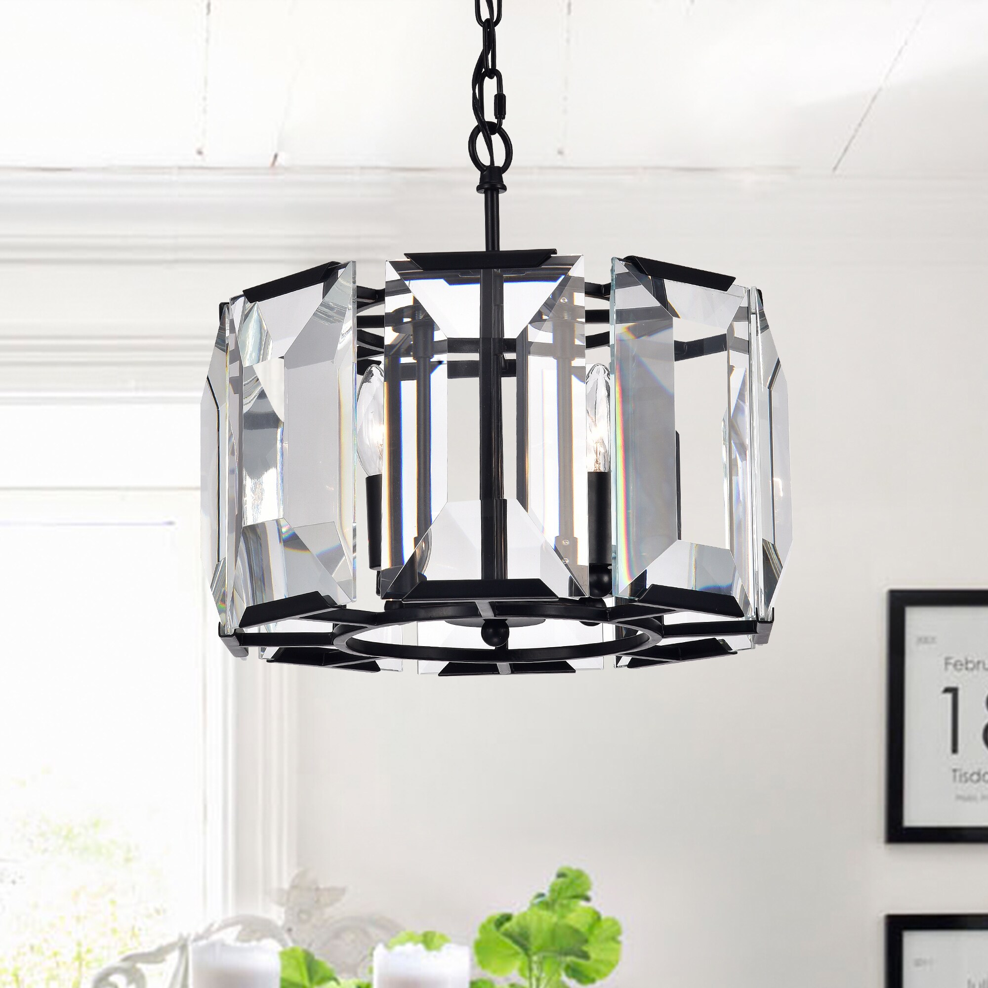 Warehouse of Tiffany Sinra Black Metal/ Crystal 4-light Panel Drum Pendant