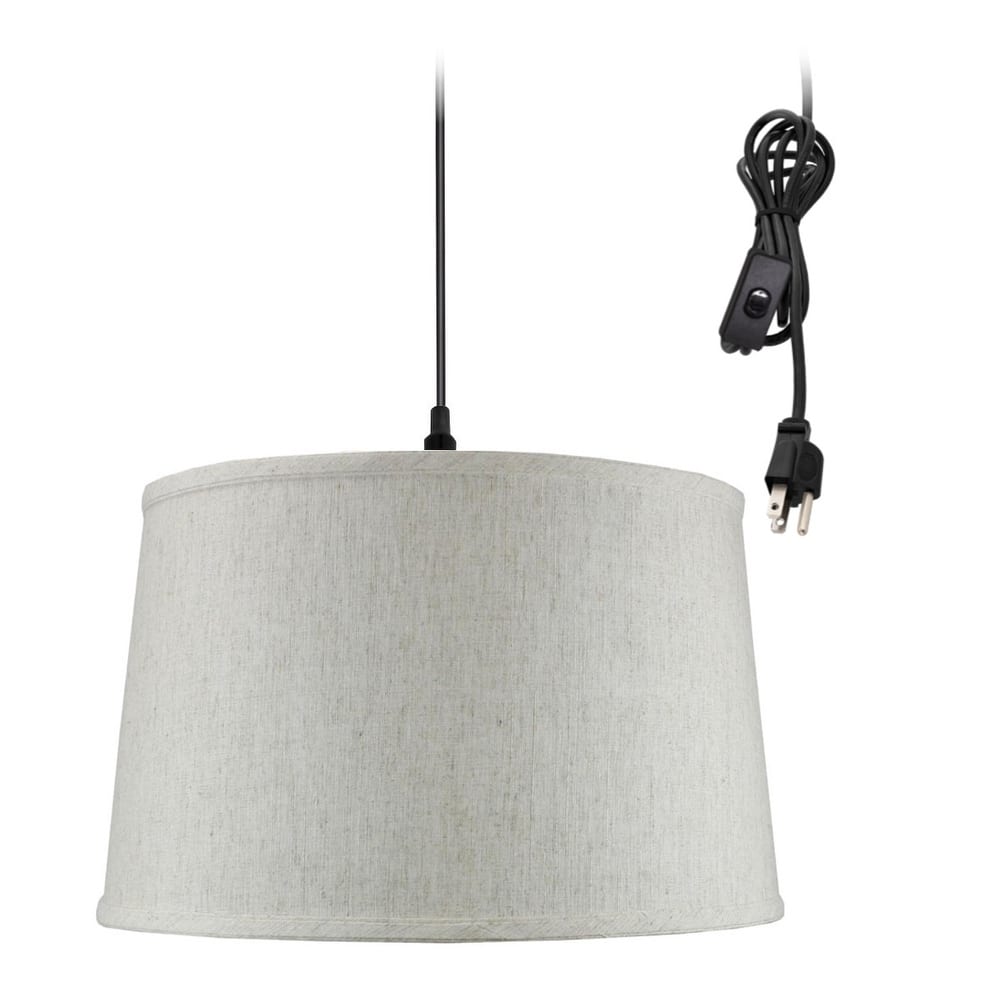 1 Light Swag Plug-In Pendant 16"w Shallow Drum Textured Oatmeal Shade, 17' Black Cord