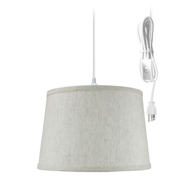 1 Light Swag Plug-In Pendant 16"w Shallow Drum Textured Oatmeal Shade, 17' White Cord