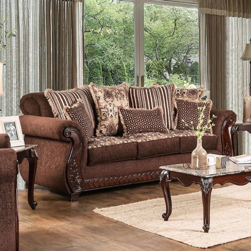 Tabitha Traditional Style Fabric & Leatherette Sofa, Brown