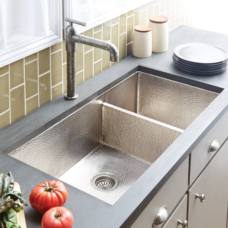 Cocina Duet Pro Hammered Brushed Nickel Double Bowl Kitchen Sink - Brushed nickel