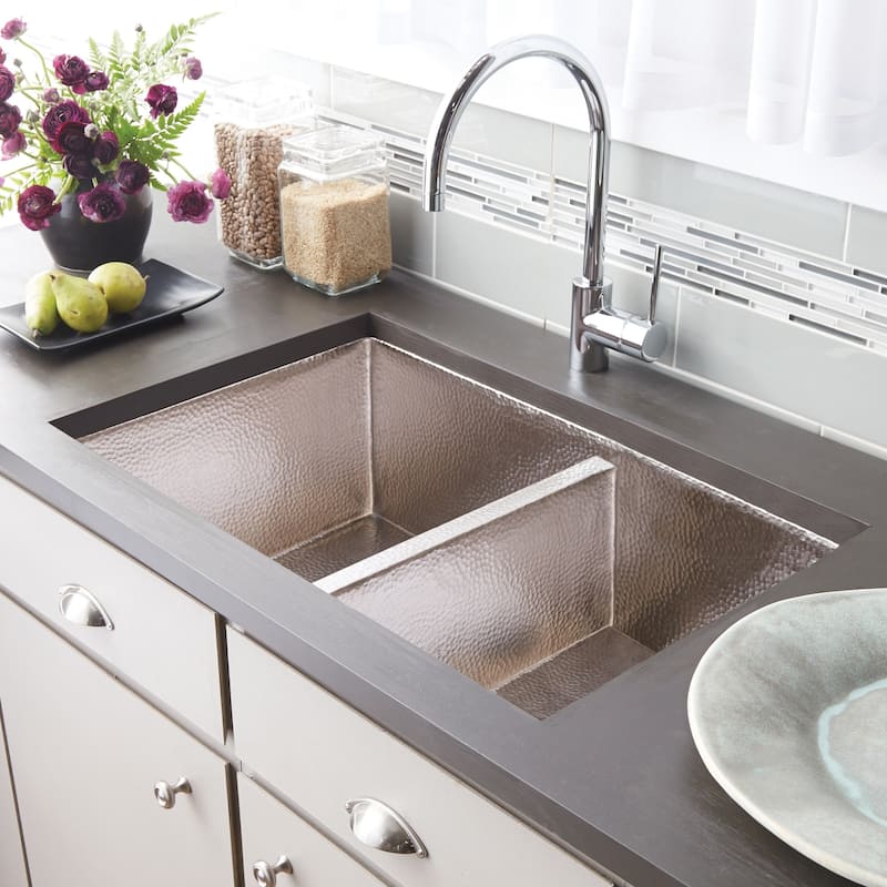 Cocina Duet Hammered Brushed Nickel Double Bowl Kitchen Sink - Brushed nickel