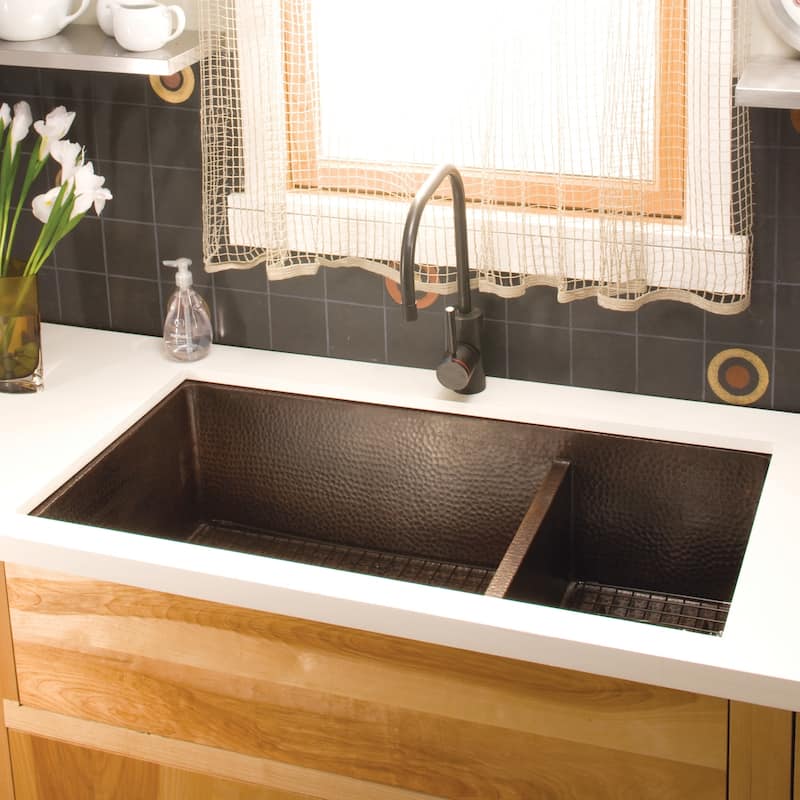 Cocina Duet Pro Hammered Antique Copper Double Bowl Kitchen Sink