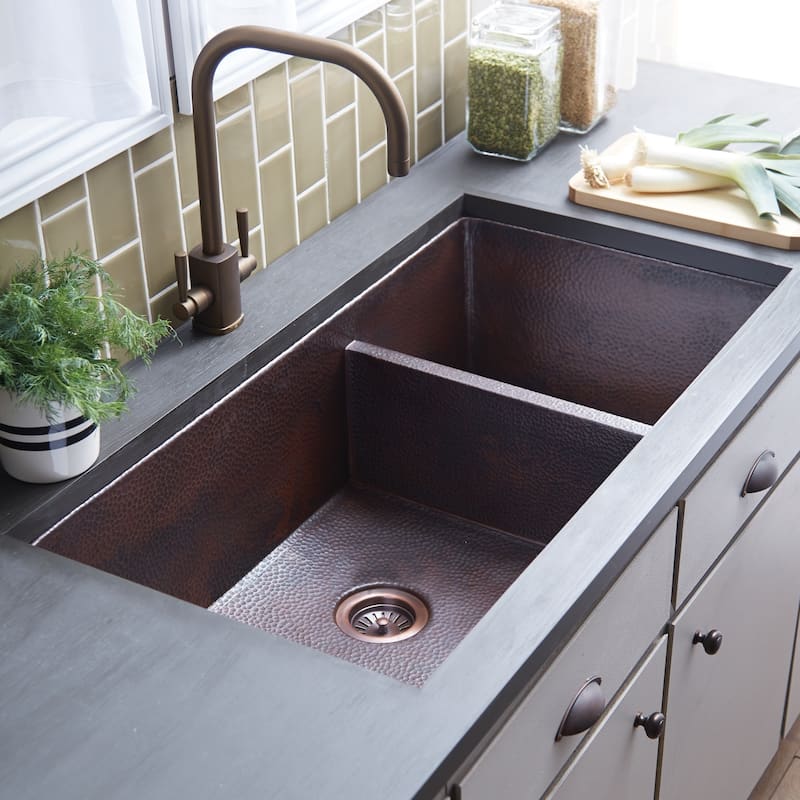 Cocina Duet Pro Hammered Antique Copper Double Bowl Kitchen Sink
