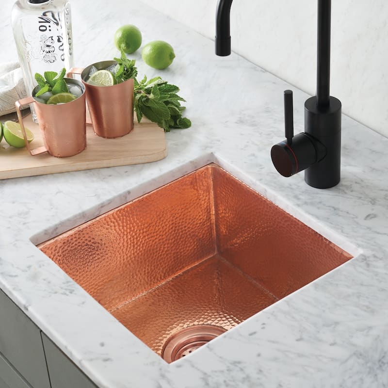Cantina Hammered Polished Copper Undermount Bar/ Kitchen Prep Sink - 15" x 15" x 7.5" - Polished Copper