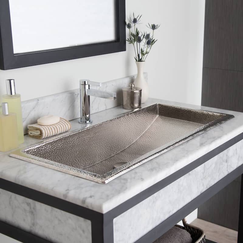 Trough Brushed Nickel 30-inch Undermount/ Drop-in Rectangular Bathroom Sink - 30" x 14" x 6" - Brushed nickel