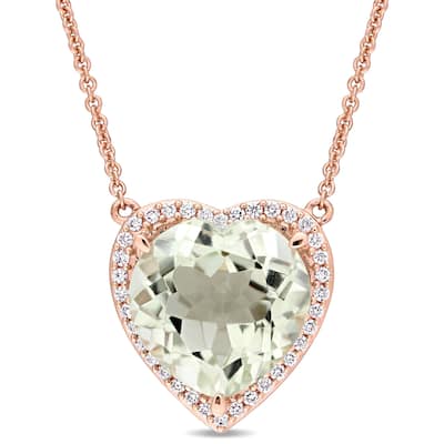 Miadora Signature Collection 14k Rose Gold Green Amethyst and 1/5ct TDW Diamond Heart Halo Station Necklace