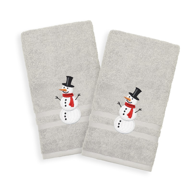 Snowman Embroidered Turkish Cotton Hand Towels (Set of 2) - Grey