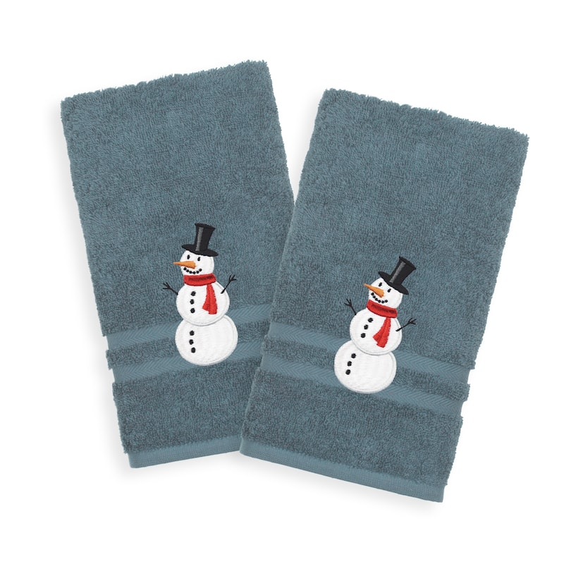 Snowman Embroidered Turkish Cotton Hand Towels (Set of 2) - Blue
